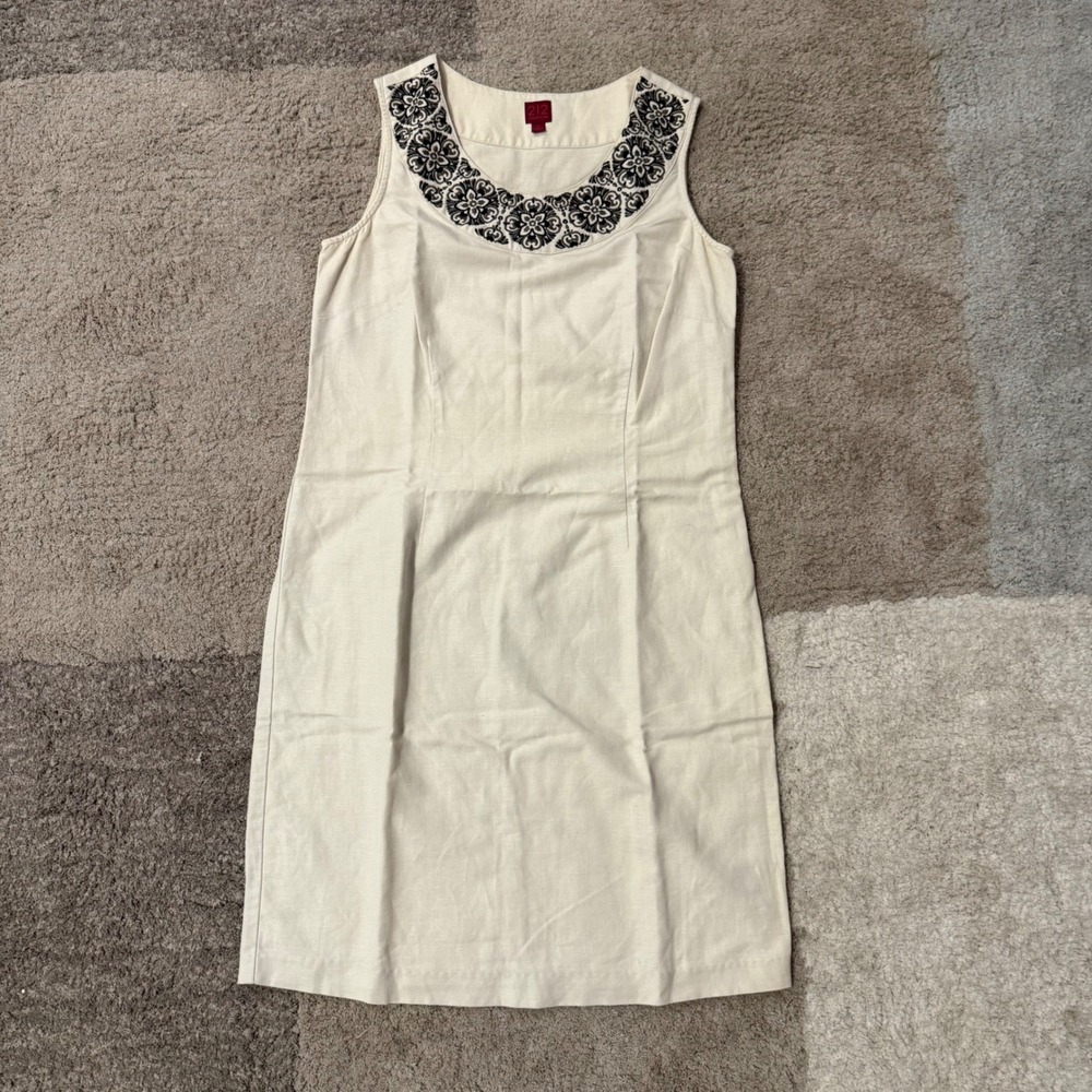 212 Collection Womens Cream Linen Blend Embroidered Neck Shift Dress‎ Size 6